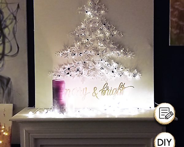 Weihnachtsbaum auf Leinwand in 3D basteln. Dieser Weihnachstbaum wird jedes Jahr deine Wanddeko erneut zu Weihnachten zieren können. Auf dem Blog findest du die Bastelanleitung mit Papiersternen zur beleuchteten Weihnachtsdeko zum selbermachen.